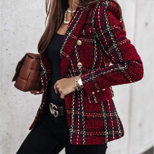 2020 European and American Foreign trade independent station eBay autumn and winter new long-sleeved double-breasted printed small suit women's coat for women
