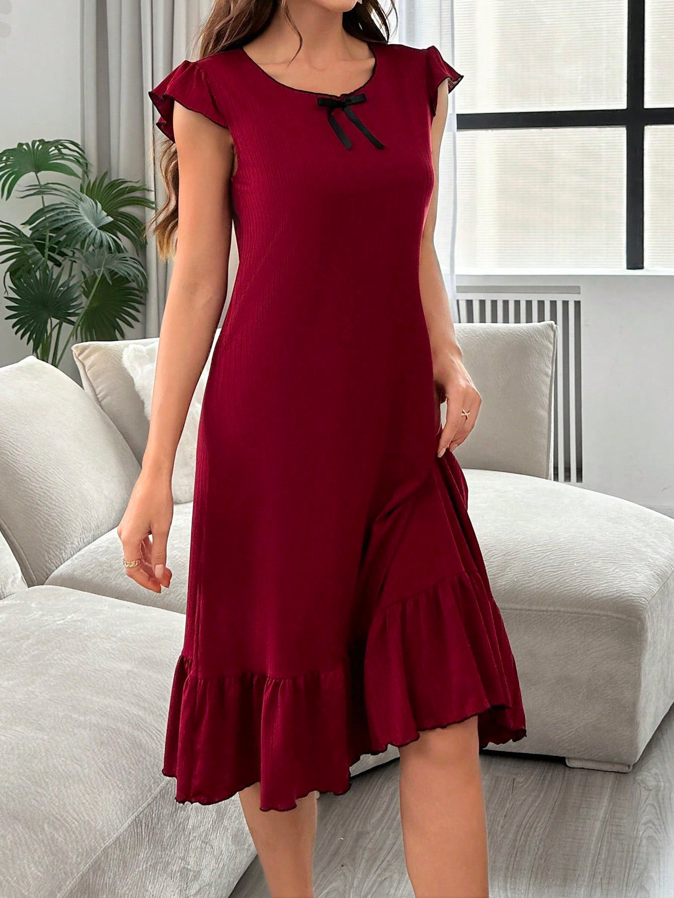 2025 Nightdress Pajamas Ribbed Women's Summer Short Sleeve Mid Skirt Soft Round Neck Thin