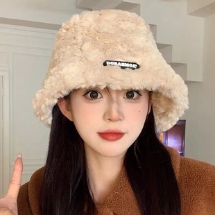 White Mao Fisherman Hat Women Autumn and Winter New fleece-lined Warm Korean Versatile Plain Bucket Hat Plush