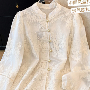 New Chinese Style Round Neck Lace Shirt Women's 2024 Autumn New French Style Elegant All-match Slimming Base Shirt Top Trendy