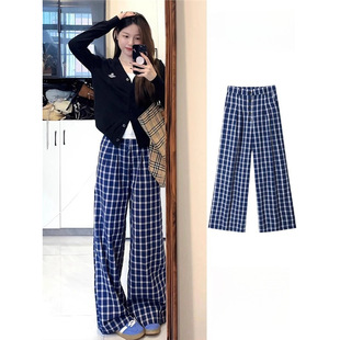Blue Retro Plaid Wide Leg Pants Women's Spring and Autumn Loose Lazy Style Small High Waist Straight Casual Pants