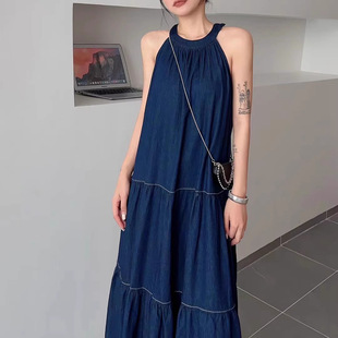 Korean Style 2024 Summer New Arrival Neck Sling Denim dress Women's Holiday Travel French Loose Cake Long Dress