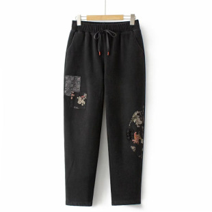 200 Jin Middle-aged and Elderly Mothers Embroidered High Waist Elastic Waist Elastic Jeans for Autumn and Winter
