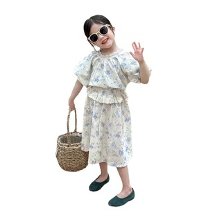 Children's clothing girls suit 2024 summer light blue lace collar floral short sleeve top skirt two-piece set