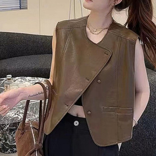 Vintage Leather Vest Women's Outer Wear Coat Early Autumn New This Year's Popular Ancora Red Sleeveless Ware