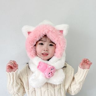 Children's Hat Scarf Gloves Two-piece Set Winter fleece-lined Thickened Girls' One-piece Hat Men's and Children's Warm Wind-proof Cap
