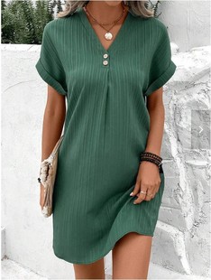 Cross-border European and American Women's 2023 New Amazon V-neck Solid Color Pullover Comfortable Casual Button dress