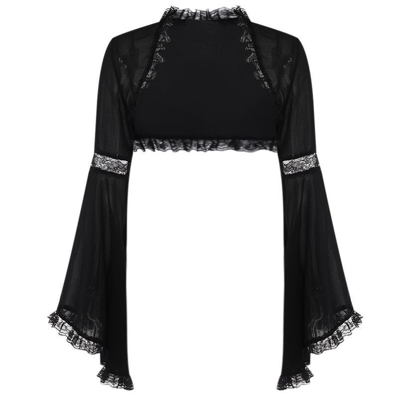 Gothic Style Dark Lace Blouse with Flared Cape, Medieval Layered Long-Sleeve Thin Cardigan for Women, Lolita Style