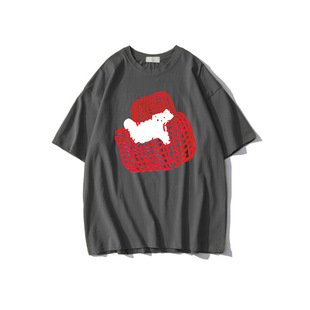 Cotton Heavy Gray Short-sleeved T-shirt Women's Crewneck Loose Korean-style All-match Printed High-end Top