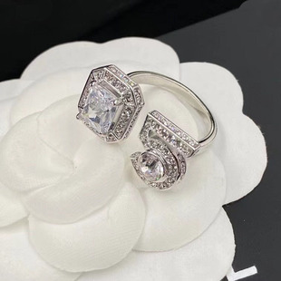 2022 Xiangjia white gold-plated adjustable open ring Chanel style rhinestone brass material non-fading ring
