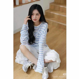2025 Early Spring New Style Shen Mengchen's Same Blue and White Stripesd Hand-Beaded Smiley Face Loose Long-Sleeved T-Shirt Sun Protection Clothing