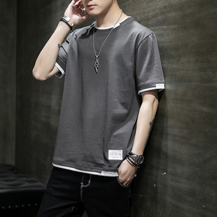 Foreign Trade T-Shirt Short-sleeved Men's Spring and Summer Fake Two-piece Loose Comfortable Breathable Hong Kong-style Interior Ins Casual Trendy Base Shirt