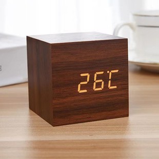 Wooden clock voice control electronic digital alarm clock creative LED lazy wooden clock date temperature clock small cube art clock