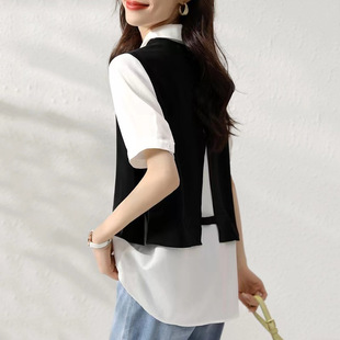 Chiffon fake two-piece lapel stitching shirt versatile age-reducing long sleeve contrast color Western style French stitching shirt Women's Western style