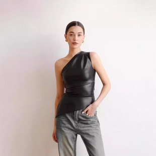 2024 European and American style women's clothing autumn Amazon new solid color sleeveless shoulder diagonal collar zipper T-shirt top women