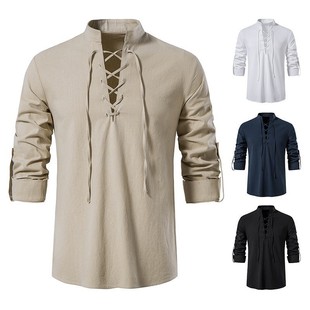 2024 foreign trade new amazon men's stand collar long sleeve shirt cotton and linen henry shirt hippie casual beach shirt