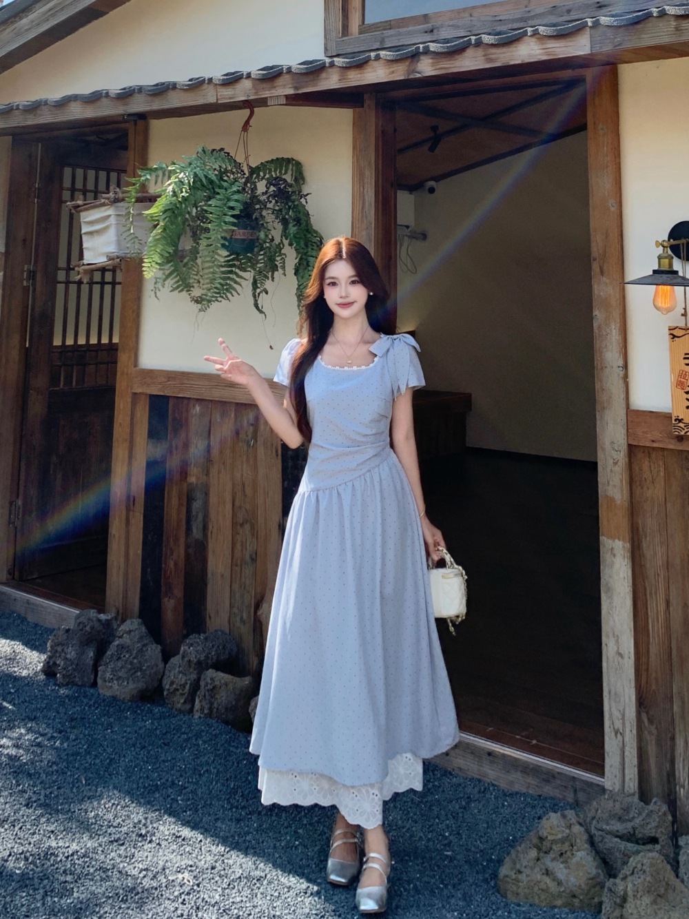 French-Style Blue Polka Dot Square-Neck Dress for Women, 2026 Summer New Model, Elegant Faux Two-Piece, Waist-Cinching, Slimming Long Dress