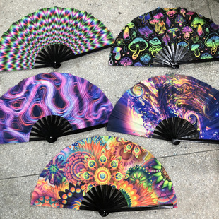 Fluorescent Fan 33cm Kung Fu Fan UV Printing Bamboo Bone Fan Plastic Fan Amazon Explosions Fluorescent Fan