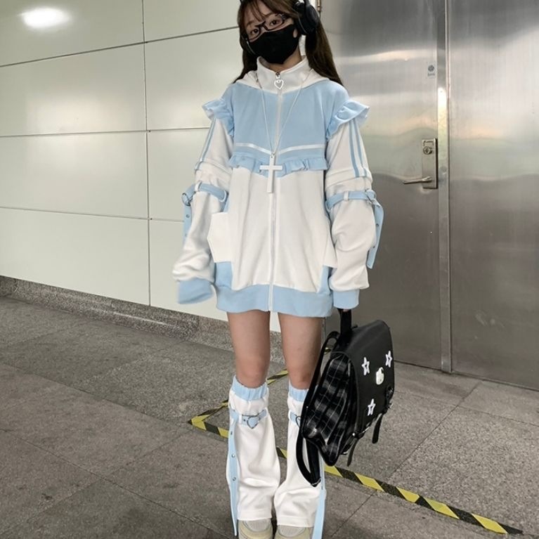 Japanese Subculture Anime Jacket Virtual Human Hoodie Soft Cute Long-Sleeve Jacket with Ear Hood and Zipper Outerwear Set