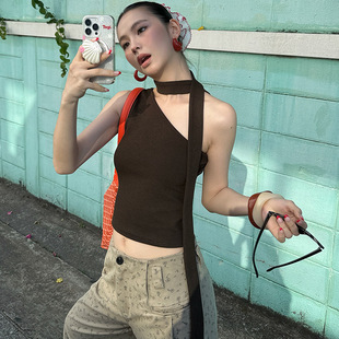 MMFISH Fashionable Foreign-style Spice Girl Hanging Neck Lace-up Slim-fit Slimming Knitted Strapless Shoulder Top Vest 25T021