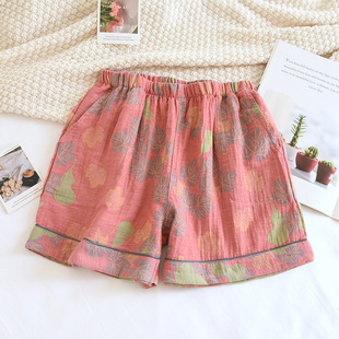 Summer Women's Pajama Pants Cotton Double Gauze Yarn-dyed Jacquard Thin Home Shorts Pocket Loose Soft Beach Pants