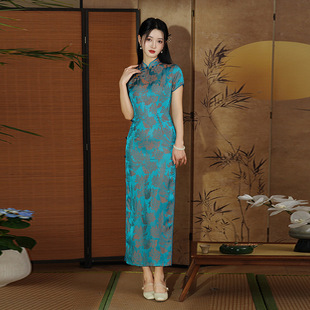 Весенний фиолетовый cheongsam большой размер длинная элегантная парча жаккардовый продвинутый новый элегантный изысканный повседневный
