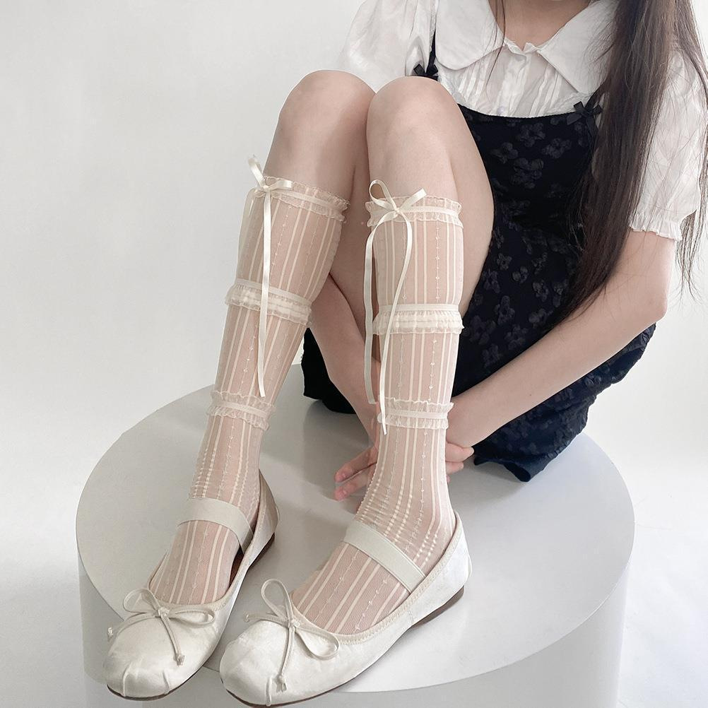 Ballet Style Ribbon Bow Stacking Socks Summer Thin Breathable Lace Shoe Socks Women's Silver Silk Mid-Length Socks Shoelaces