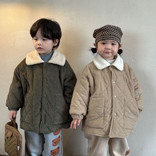 Children's corduroy cotton-padded coat fleece-lined thickened men's and women's clothing winter fur collar short cotton-padded coat 2023 new Korean style