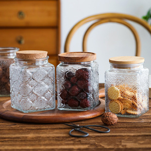 Square Glass Storage Jar Kitchen Sealed Jar Moisture-proof Acacia Wood Storage Jar Food Tea Jar Storage Bottle Wholesale