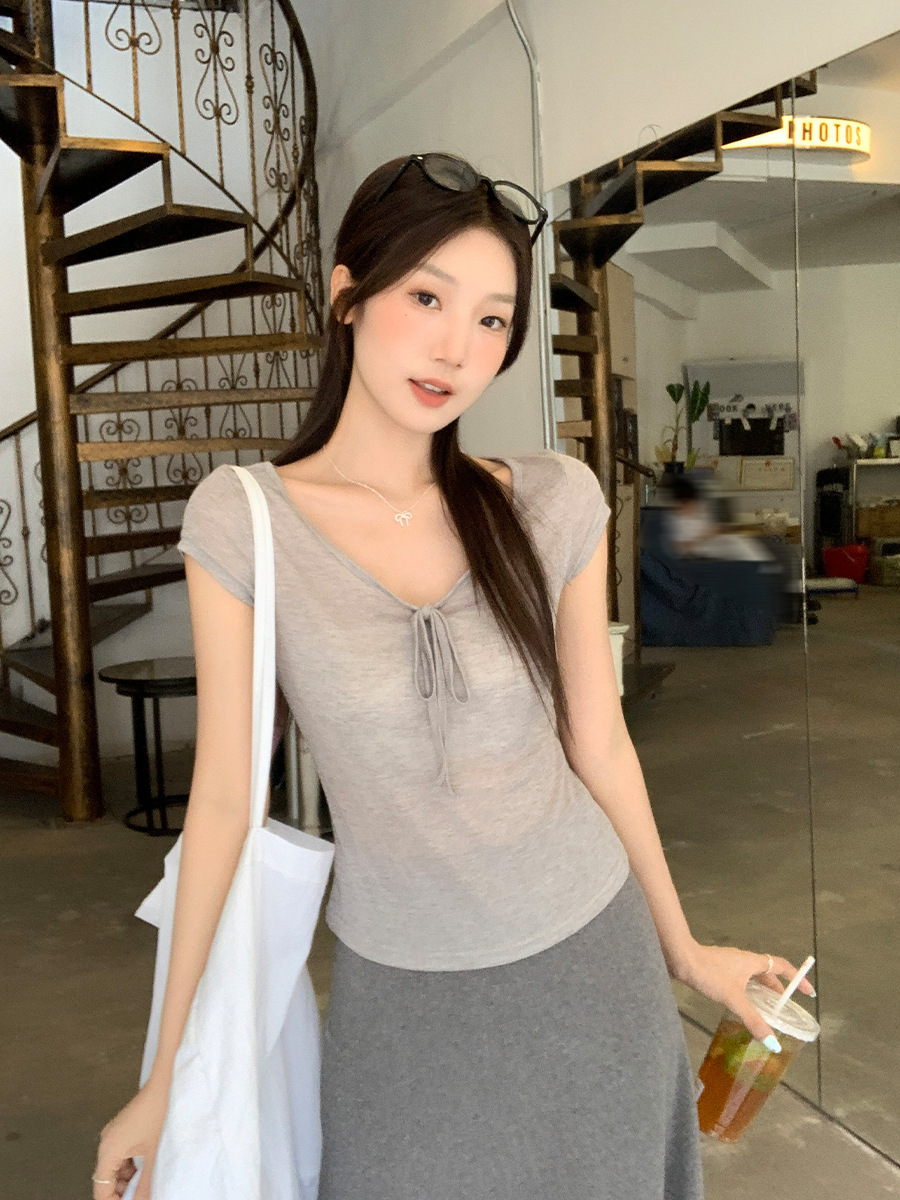 Korean Style Sexy Pure Desire U-Neck Tie-Up Shoulder-Baring Short-Sleeve T-Shirt for Women 2026 Summer New Style Elegant Waist-Slimming Top