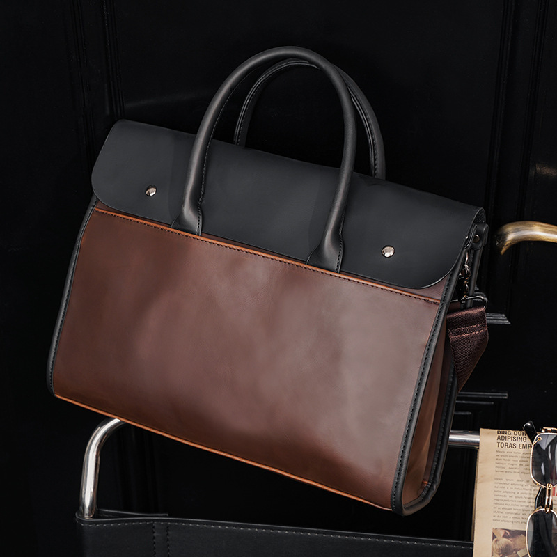Large-Capacity Korean-Style Briefcase, European and American Men's Bag, Shoulder Bag, Crossbody Bag, Laptop Bag, Trendy Business Color-Blocking