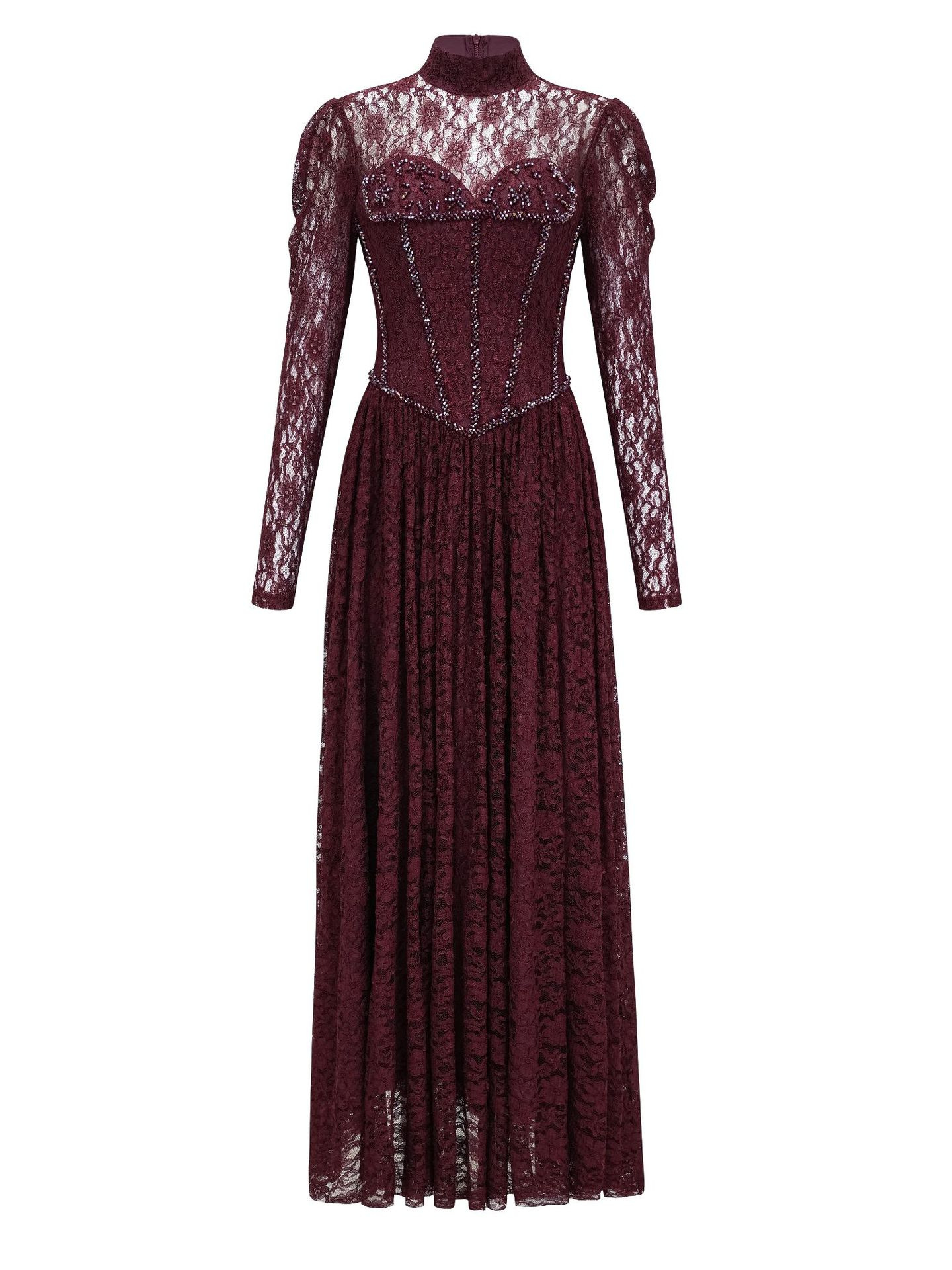 Autumn new collection: elegant lace dress, long sleeves, high waist, embellished with beads, long gown for banquets and evening events