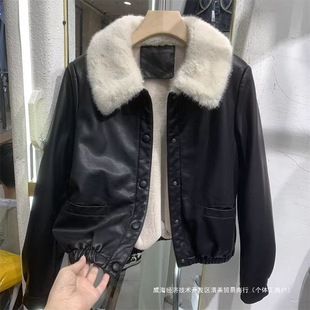 QC European fleece-lined Leather Coat Women's Leather Thickened Jacket 2024 Fall/Winter Small Big Fur Collar Short Jacket Nitrile