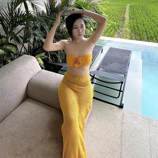 Island Vacation Travel Seaside Beach Long Dress Bikini Blouse Split Three-piece Swimsuit Female Sexy Hot Girl