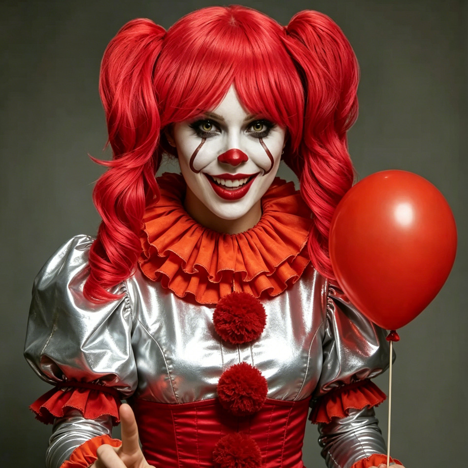 Meng Qian European and American Halloween Harley Quinn Cosplay Wig Red Double Ponytail Tiger Clip Curly Hair Party Costume Headgear