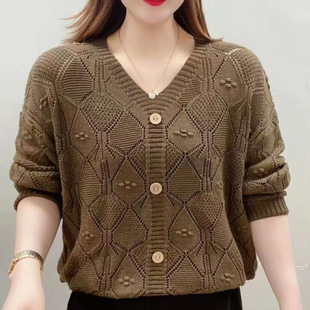 Spring and Autumn New Knitwear Women's Casual Loose Hollow Collar Sweater Slim Belly Covering Trendy Fashionable Mother's Wear