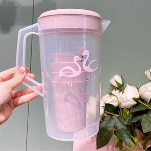 Plastic 2L Printed Cartoon Flamingo Cold Water Kettle Heat-resistant Large Capacity Household Tea Brewing Cold Water Kettle suit