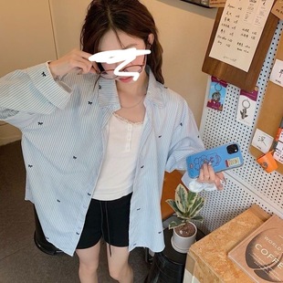 Blue Striped Bow Printed Long-sleeved Shirt Women's Spring and Autumn Design Niche Loose Shirt All-match Top