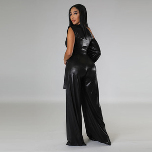 9446 Amazon European and American women's clothing 2023 autumn and winter new wide-leg pants sexy solid color evening dress cross-border jumpsuit