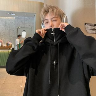 Fake Two-piece Hooded Sweatshirt Men's 2023 Autumn New Fashion Brand American Style Retro oversize Half Zipper Jacket