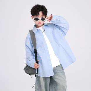 Boys' Spring Han Fan Long Sleeve Blue Striped Shirt 2025 New Arrival Zhongda Children's Spring and Autumn Handsome Shirt Jacket