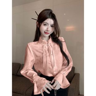 Новый китайский стиль национального ветра с пряжкой Cheongsam атласная рубашка женская ранняя весна придворная конская юбка топ с расклешенными рукавами и воротником рубашка