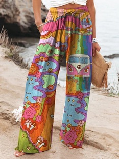 2024 New Cotton Vintage Women's Casual Fashion Floral Art Printed Elastomer Waist Drawstring Pants with Pocket