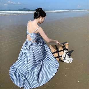 Beach holiday Plaid camisole women's 2024 Summer new high waist skirt suit two-piece set