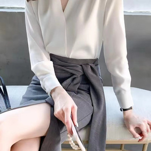 Autumn New Collarless White Shirt Anti-wrinkle Top High-grade Elegant Chiffon V-neck Professional Women's Long-sleeved Shirt