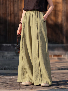 25 spring new ramie elastic waist sand wash raw edge original design personality casual pants women's loose wide leg pants