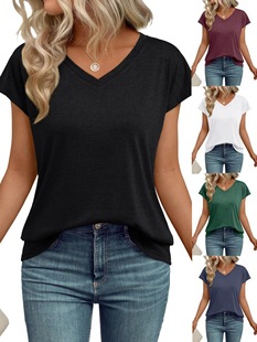 Spring and Summer 2025 New Cross-border European and American Women's Amazon Solid Color V-neck Short-sleeved T-shirt Loose Casual Foreign Trade Top