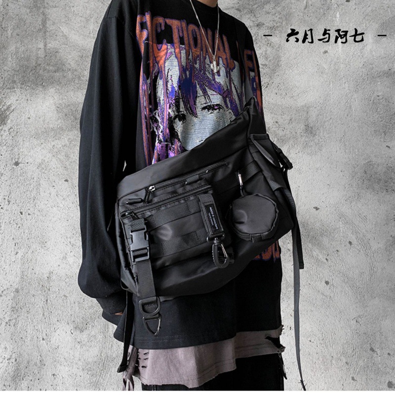 Functional work bag, Japanese style, canvas, large capacity, trendy women's tactical streetwear brand, hip-hop men's shoulder/crossbody bag.