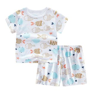 Children's Pajamas Pure Cotton Summer New Style Mesh Home Clothes Boys' Short-sleeved Shorts Girls' Baby's suit Air-conditioning Clothes