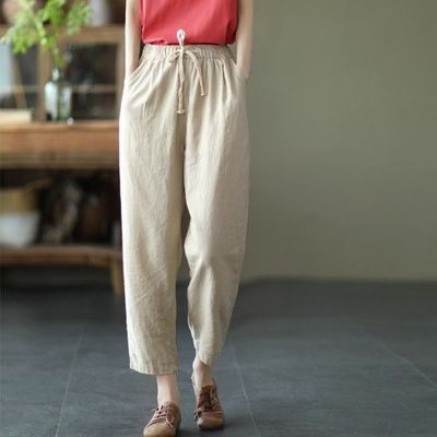 여성을위한 예술적 얇은 린넨 하렘 바지 9 점 당근 바지 2025 패션 새로운 대형 루즈 캐주얼 바지 트렌드